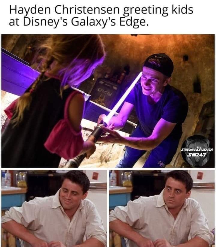 The meme features a split-screen image with a photo of Hayden Christensen (the actor who played Anakin Skywalker/Darth Vader in the Star Wars prequels) on the left, and a photo of him as a young boy (from the TV show "Life") on the right. The text "In 1971, Hayden Christensen was born" appears above the split-screen image, and "In 1971, Hayden Christensen was born... in a galaxy far, far away" appears below it. The meme is a play on the Star Wars franchise's famous opening line, "A long time ago in a galaxy far, far away..."